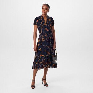 NEW NWT Ralph Lauren Navy Nautical Equestrian Belted Georgette Puff-Sleeve Dress